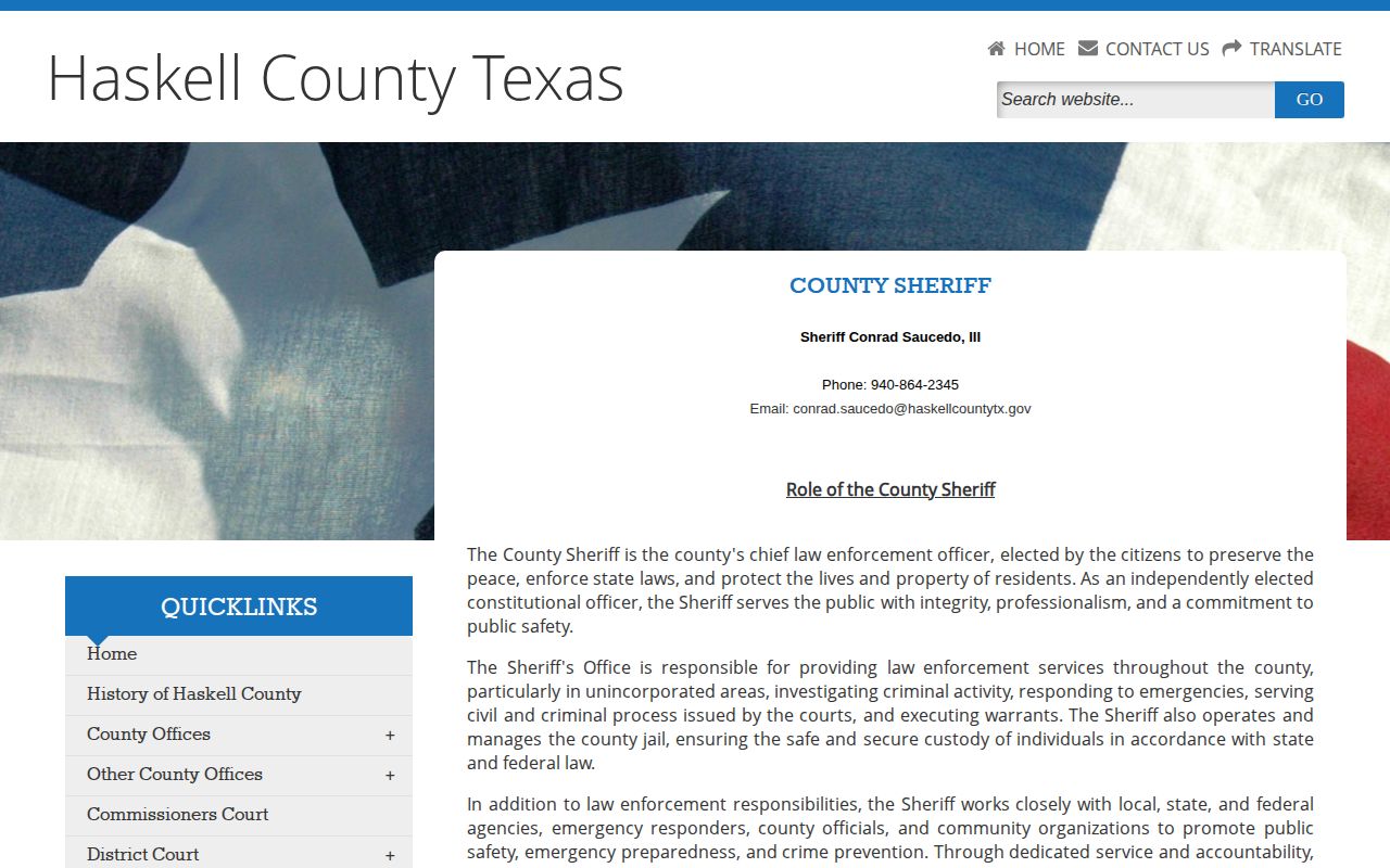 Haskell County Sheriff official warrant and booking-record contact page